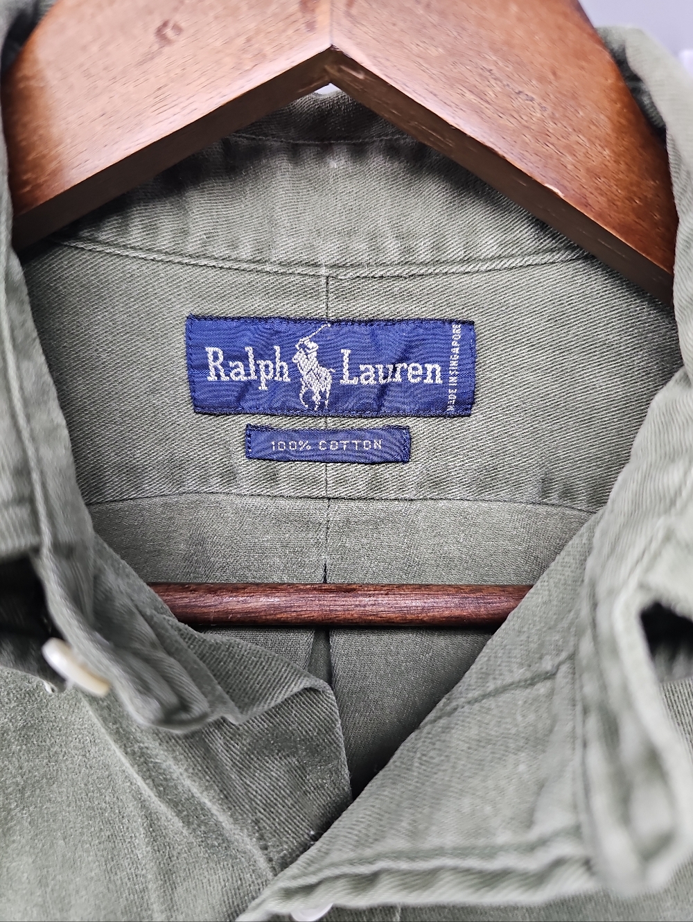Vintage 90s Ralph Lauren Olive Green Long-Sleeve Button-Down Shirt - Picture 4 of 11